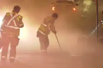 NW Calgary Water Main Break Creates Slippery Hazard for Firefighters