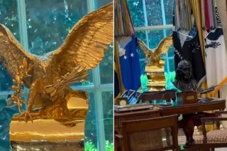 Trump Unveils Massive Gold Eagle Statue in Oval Office