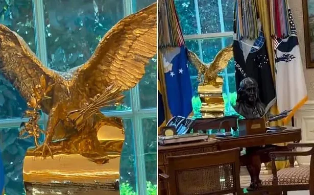 Trump Unveils Massive Gold Eagle Statue in Oval Office