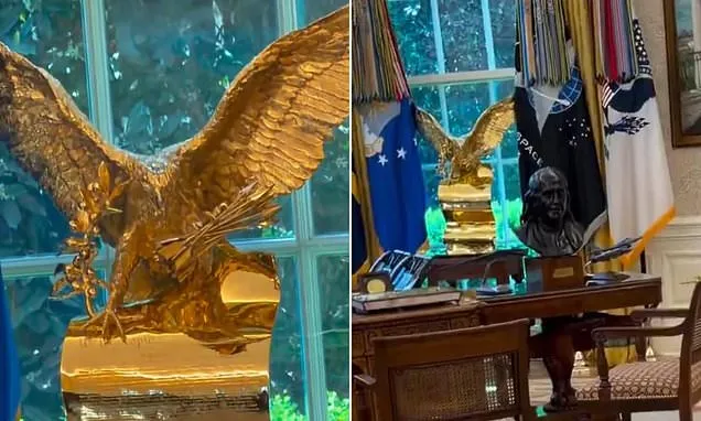 Trump Unveils Massive Gold Eagle Statue in Oval Office