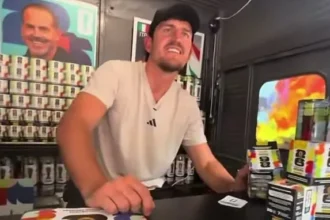 Maguire Surfaces in NYC Promoting Stickers Post-England Snub